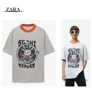 ZARA Men's SUSHI Print Knit Tee MEDIUM Samurai CAT T-SHIRT Grey Sword Cotton